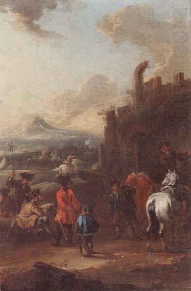 Cavalrymen before a hilltop town, August Querfurt